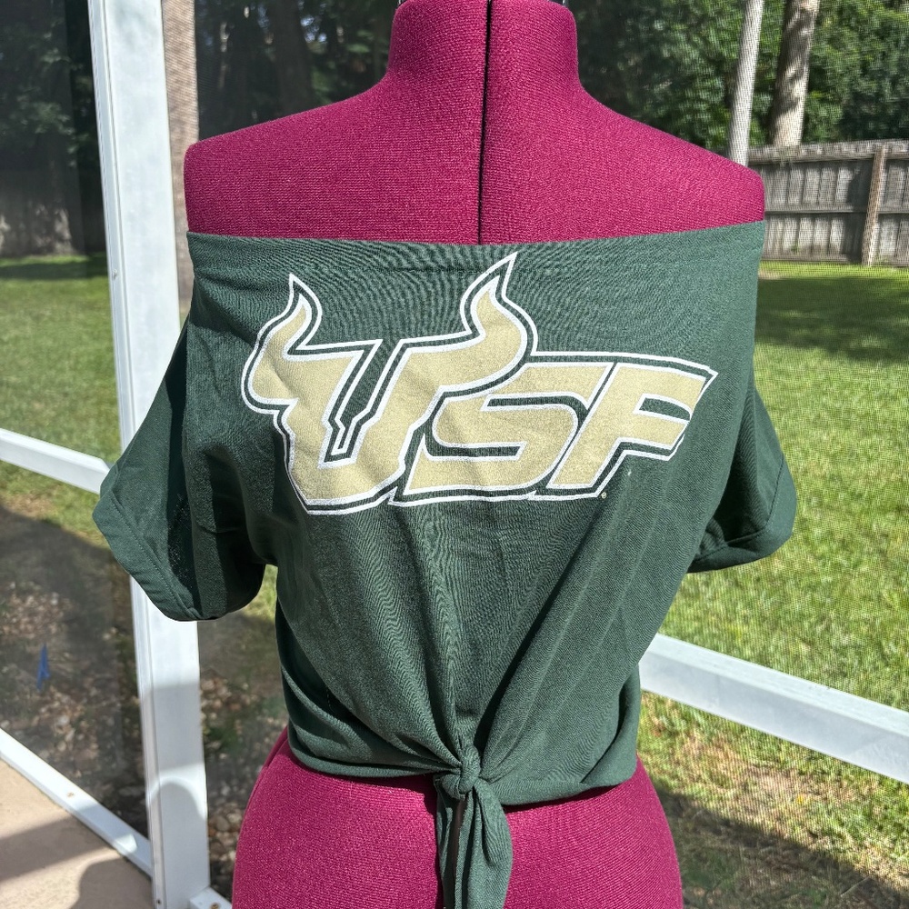 USF Bulls University of South Florida Off Shoulder Cropped Shirt Top Tie Waist